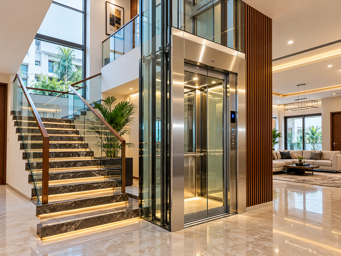 Glass Elevator and Floating Stairs